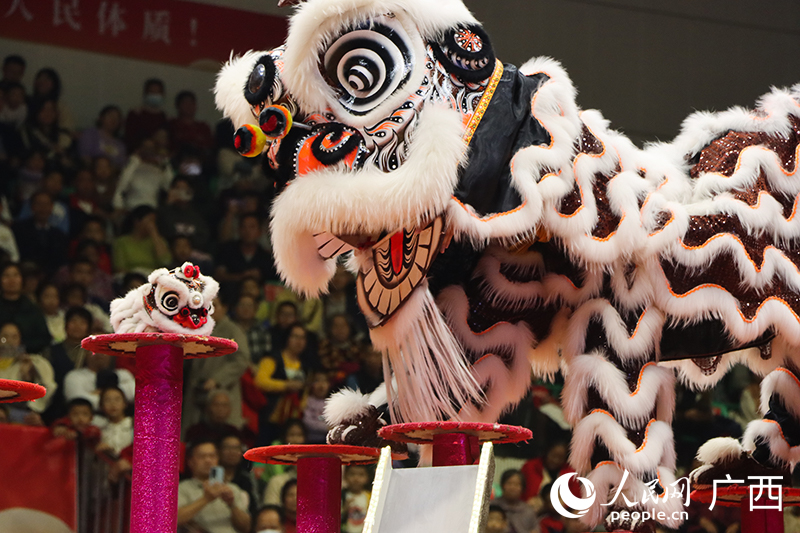 藤縣醒獅團(tuán)表演“靈獅飛躍峻嶺險峰、智除黑豹妙計救幼獅”。人民網(wǎng) 何寧攝