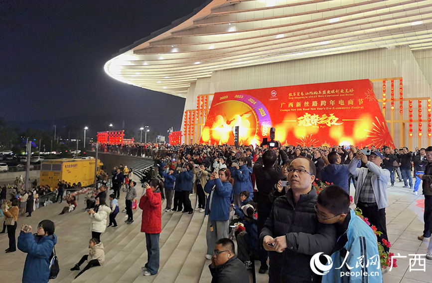 市民游客在廣西文化藝術(shù)中心觀看無人機(jī)演出。人民網(wǎng) 付華周攝